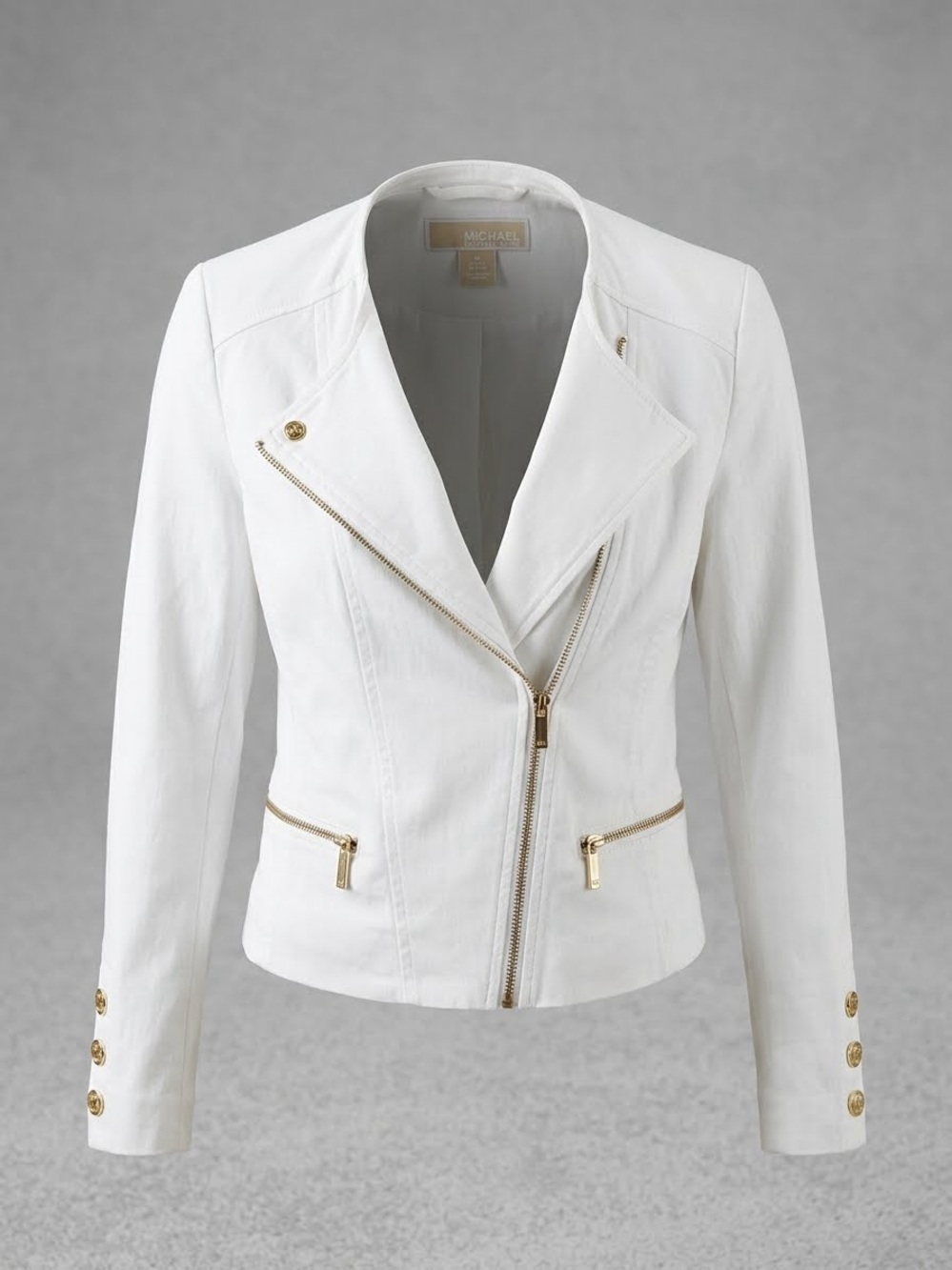 Michael Kors White Asymmetric Zip Moto Jacket with Gold Hardware